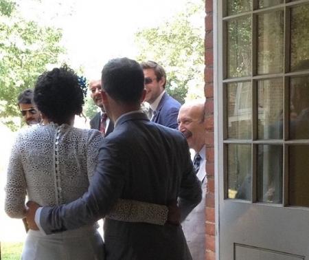 Couple leaving their wedding in the Tudor Tower