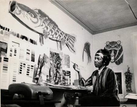 Althea McNish in her studio