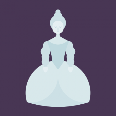 Image of ghostly 17th century lady in white on a purple background