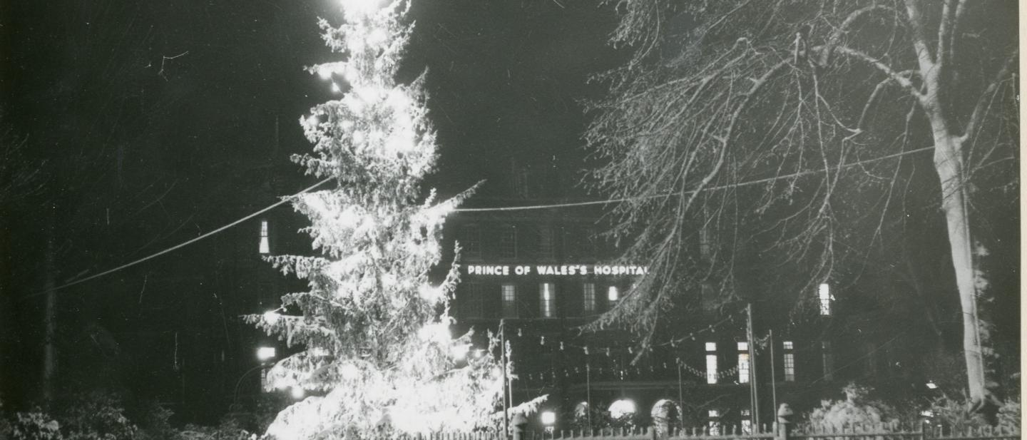 Black and white picture of large christmas tree outdoors