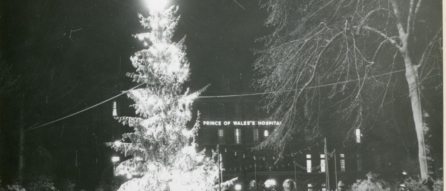 Black and white picture of large christmas tree outdoors