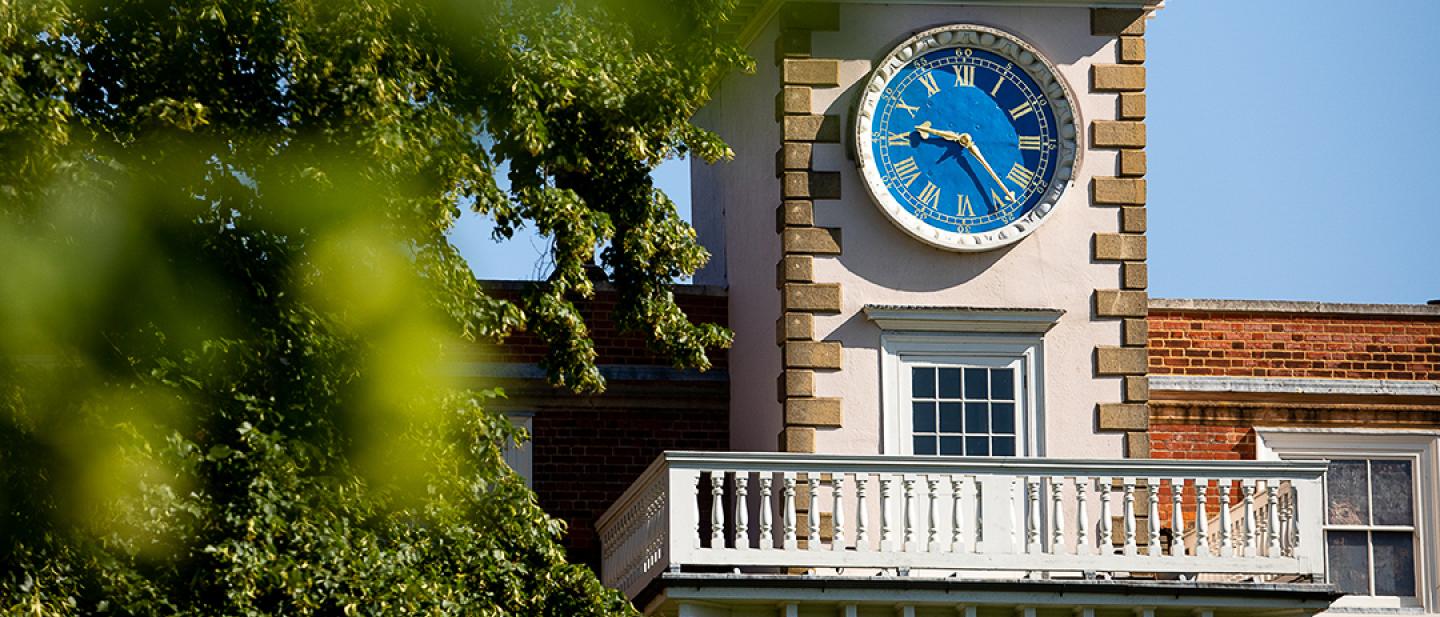 close up of clock tower with foliage in foreground