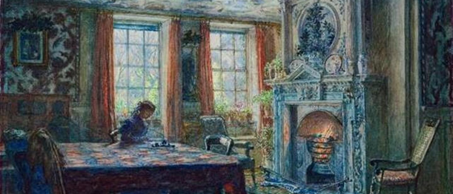 watercolour painting of jacobean interior