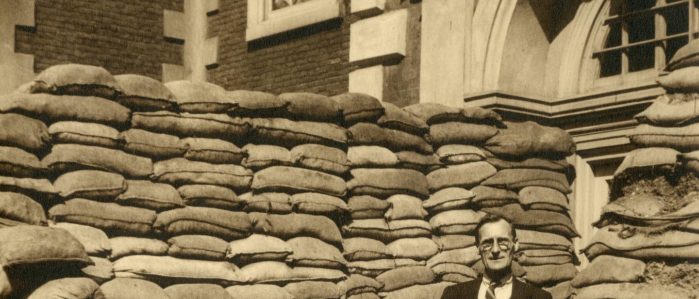 Bruce Castle in 1940 with sandbags outside the entrance